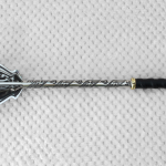 Pernach without its stand, shown from above with dark patterned flanges, ornamental shaft and black grip