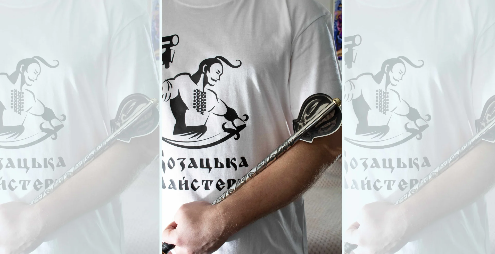 Patterned pernach held along a forearm in front of a Cossack Workshop shirt