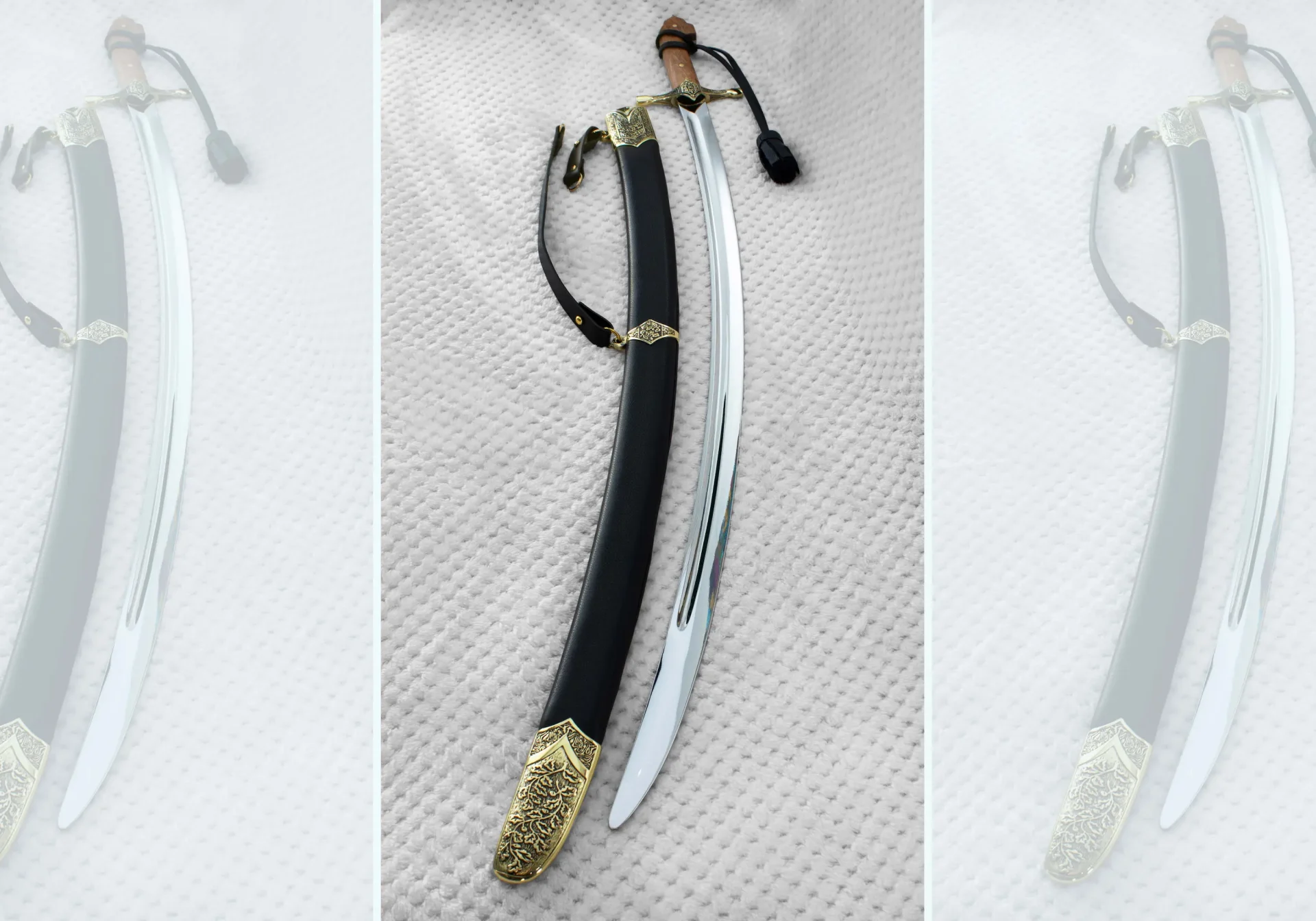 SiCh-KzO saber beside its black scabbard, with the brown grip at the top