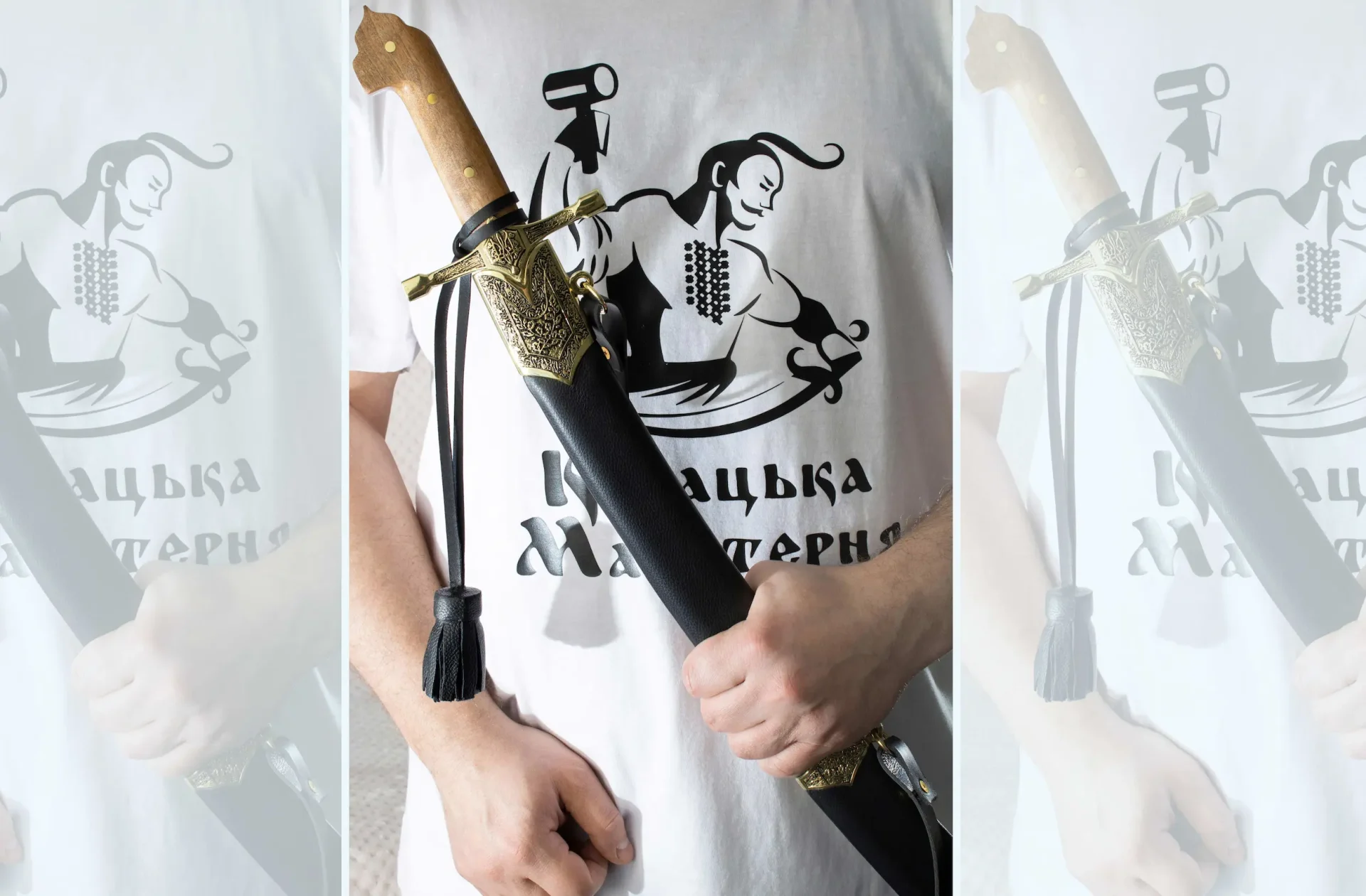 SiCh-KzO saber held in its black scabbard, showing the brown grip and decorated throat fitting