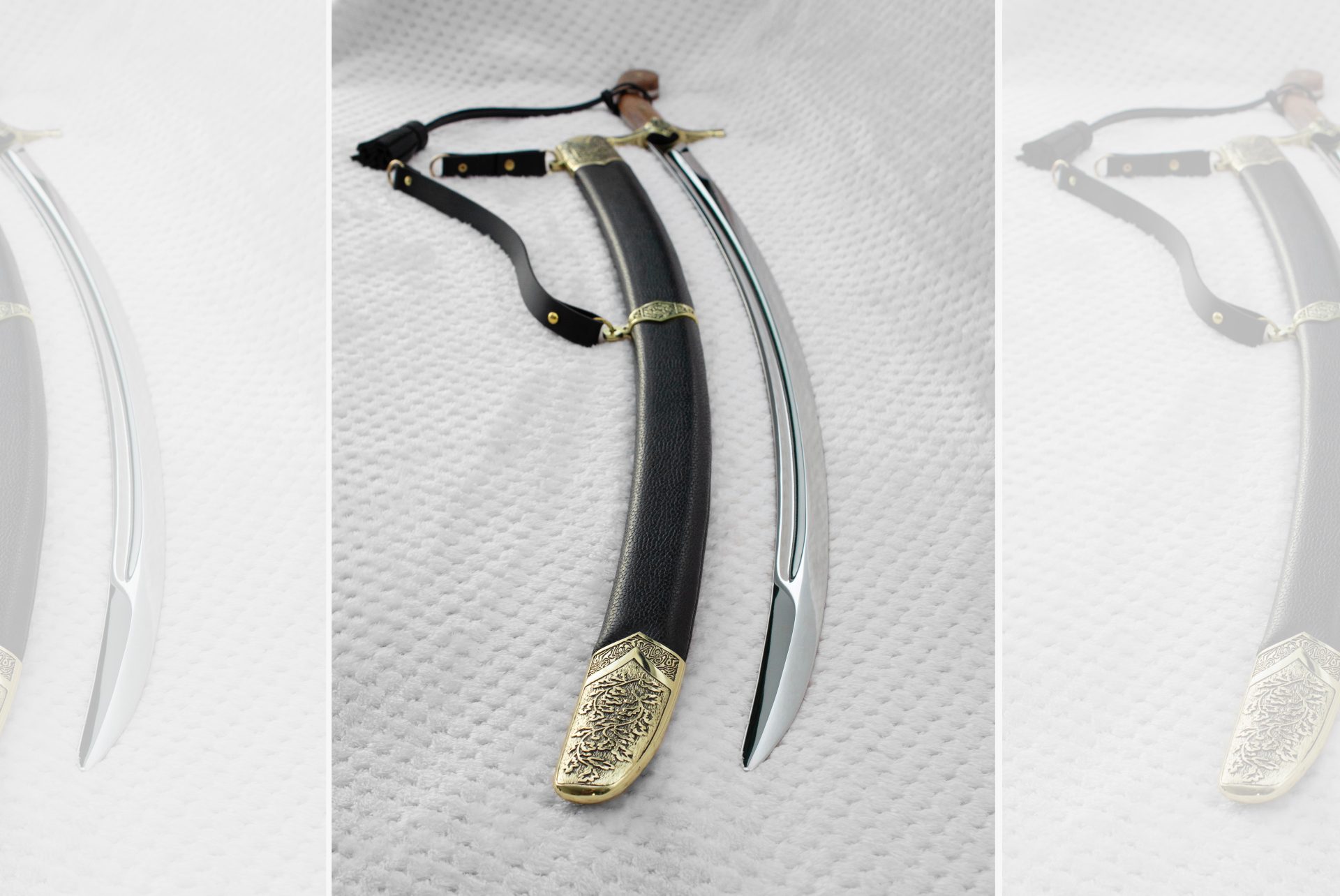 SiCh-K saber and black scabbard side by side, with the hilt at the top