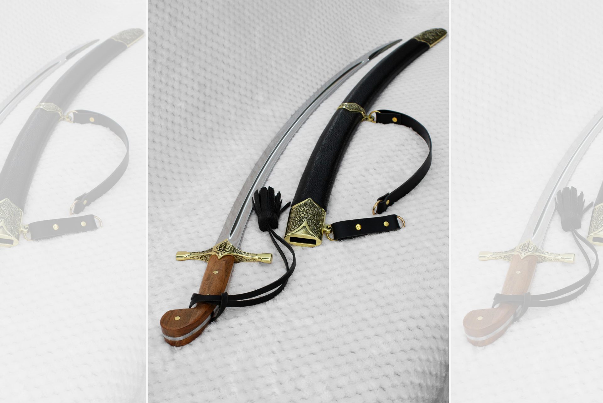 SiCh-K saber and black scabbard viewed from the brown grip and decorated guard