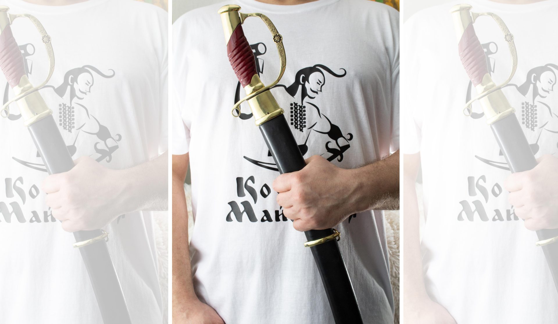 Dragoon saber held in its black scabbard, showing the ribbed grip and knuckle guard